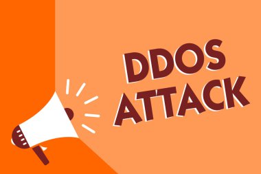 Kavramsal el DDoS saldırı gösterilen yazma. İş fotoğraf metin failin ağ kaynak kullanılamaz megafon hoparlör turuncu arka plan önemli mesaj konuşma yapmak istiyor