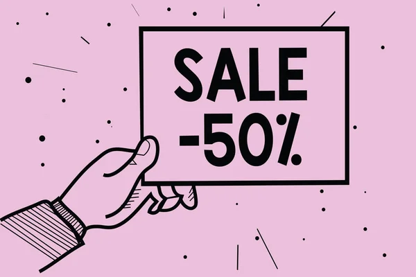 Word 文字销售50 商业概念的一个项目的促销价格在50 降价人手持有纸的信息点缀紫色背景 — 图库照片