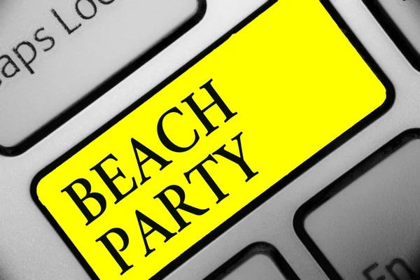 Conceptual hand writing showing Beach Party. Business photo showcasing small or big festival held on sea shores usually wearing bikini Keyboard yellow key computer computing reflection document