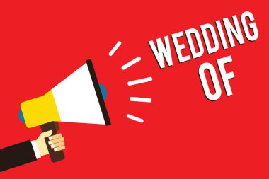 Word yazı metni düğün. Erkek ve kadın şimdi evli sonsuza kadar yüksek sesle konuşma megafon hoparlör kırmızı arka plan iletisi tutan adam birkaç duyurmak için iş kavramı