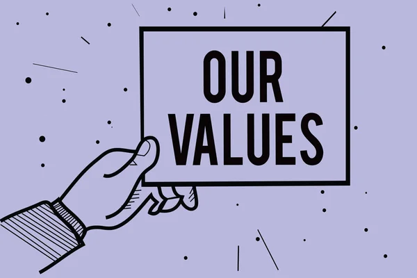 Handwriting text writing Our Values. Concept meaning list of morals companies or individuals commit to do them Man hand holding paper communicating information dotted purple background
