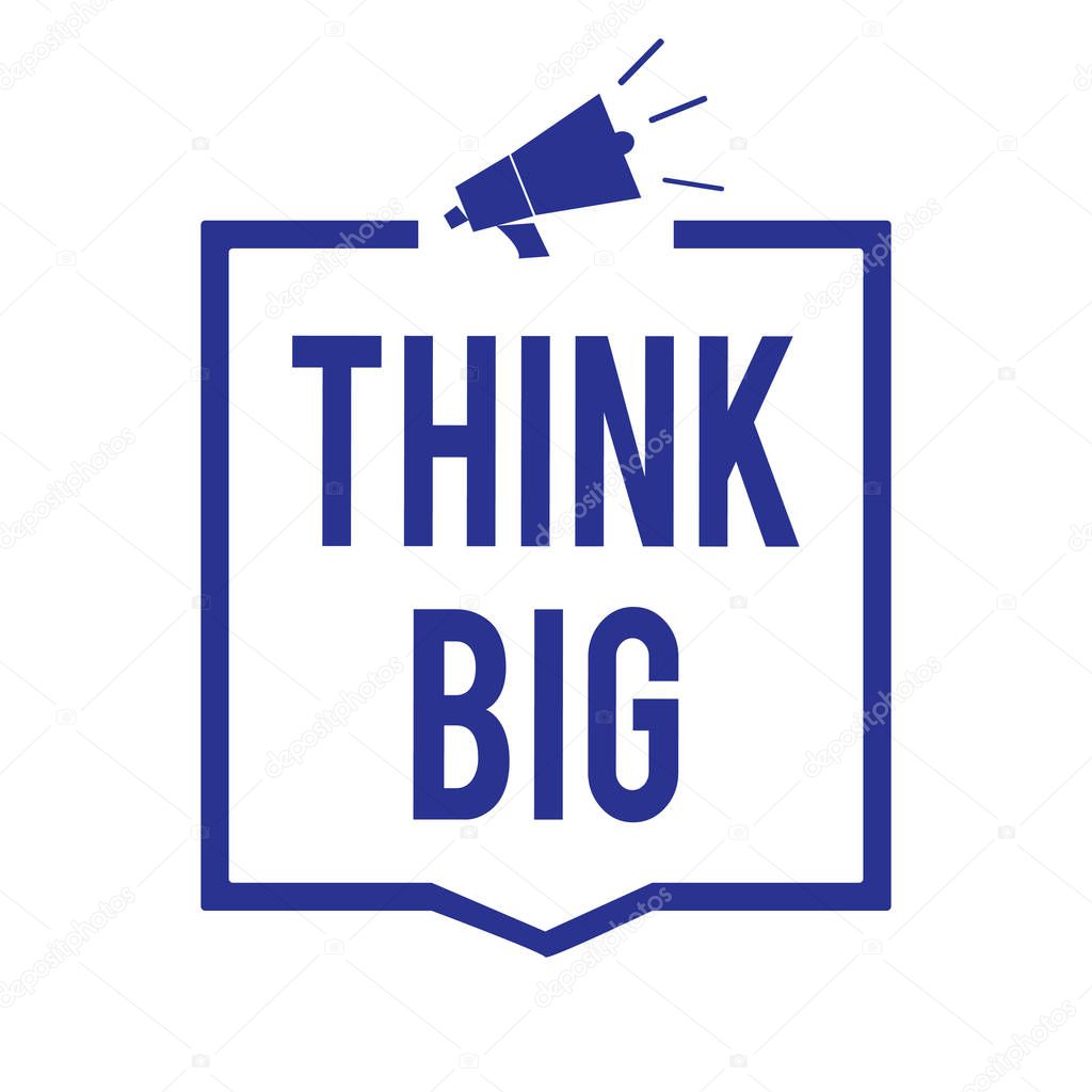 Handwriting text Think Big. Concept meaning To plan for something high value for ones self or for preparation Megaphone loudspeaker blue frame communicating important information