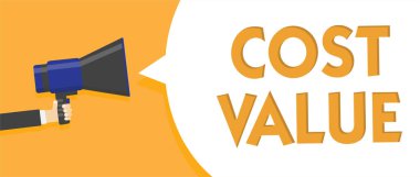 Maliyet değeri gösteren metin işareti. Kavramsal fotoğraf tutar o genellikle ödenen bir madde için size satın almak ya da bir kişiyi adam işe megafon hoparlör konuşma balonu mesajı yüksek sesle konuşan holding