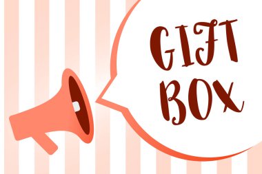 Word metin yazma hediye kutusu. İş kavramı ile tasarımlar işleme yeteneğine sahip küçük bir cointainer için megafon hoparlör turuncu çizgili önemli yüksek sesli mesaj konuşma balonu sunar.