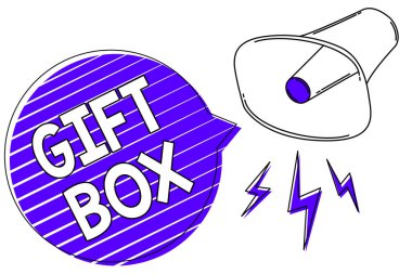 Hediye kutusu gösterilen Not yazma. İş fotoğraf işleme yeteneğine sahip tasarımları ile küçük bir cointainer vitrine megafon hoparlör mavi konuşma balonu şeritler önemli mesaj sunuyor