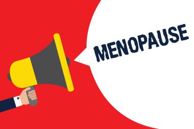 Menopoz gösterilen metin işareti. Kavramsal fotoğraf süre kalıcı bırakma ya da son adet döngüsü megafon hoparlör konuşma balonu mesajı yüksek sesle konuşan tutan adam