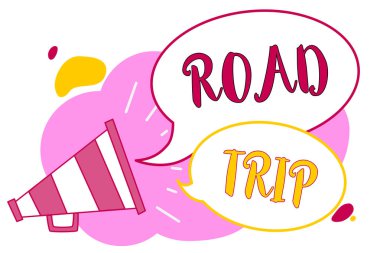 Word metin yazma Road Trip. Gezici için iş kavramı çevresinde yüksek sesle konuşan yok kesin veya tam hedef konumu megafon hoparlör konuşma kabarcıklar önemli mesaj basamakla