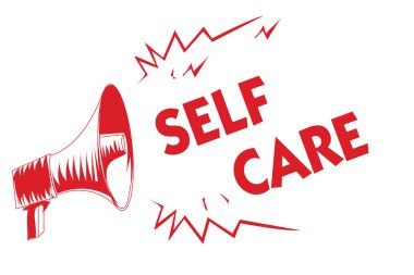 El yazısı metin kendi kendine iyi bak. Yüksek sesle konuşan çığlık kırmızı megafon hoparlör önemli mesajlar vermek konfor vücudunuza profesyonel danışman olmadan anlam kavramı