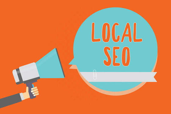 Conceptual hand writing showing Local Seo. Business photo showcasing This is an effective way of marketing your business online Man holding megaphone blue speech bubble orange background