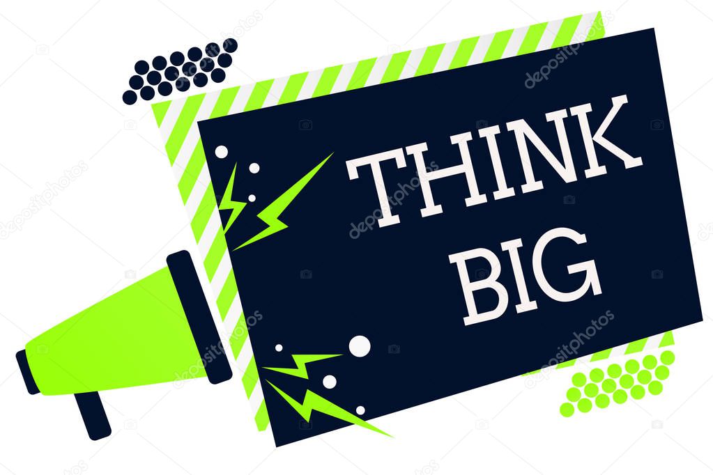 Conceptual hand writing showing Think Big. Business photo showcasing To plan for something high value for ones self or for preparation Megaphone green striped frame important message speak loud