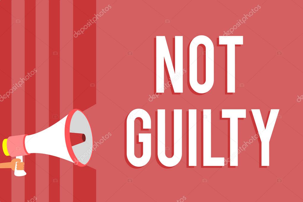 Word writing text Not Guilty. Business concept for someone is innocent didnt commit specific crime He free Megaphone loudspeaker red stripes important message speaking out loud