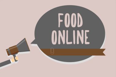 Kavramsal el gösterilen Gıda Online yazma. Telefon app kullanarak yiyecek birşeyler soran iş fotoğraf metin ya da Web sitesi adam elinde megafon hoparlör konuşma balonu mesaj konuşma
