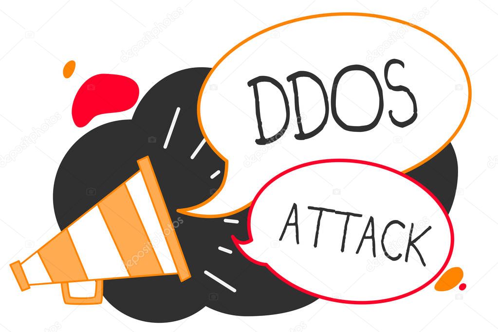 Handwriting text writing Ddos Attack. Concept meaning perpetrator seeks to make network resource unavailable Megaphone loudspeaker speech bubbles important message speaking out loud