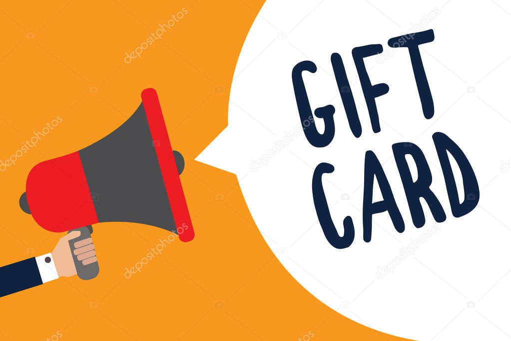 Writing note showing Gift Card. Business photo showcasing A present usually made of paper that contains your message Man holding megaphone loudspeaker speech bubble message speaking loud