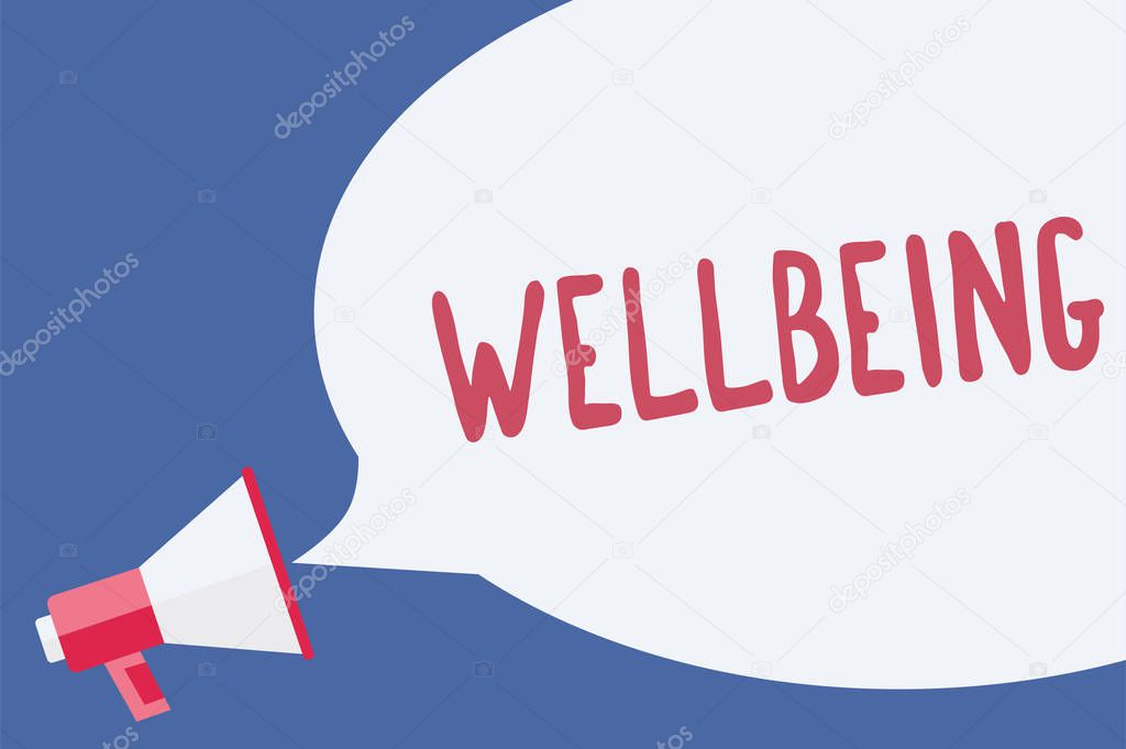 Word writing text Wellbeing. Business concept for A good or satisfactory condition of existence including health Megaphone loudspeaker speech bubble important message speaking out loud