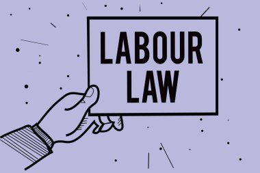 Handwriting text writing Labour Law. Concept meaning Rules implemented by the state between employers and employee Man hand holding paper communicating information dotted purple background clipart