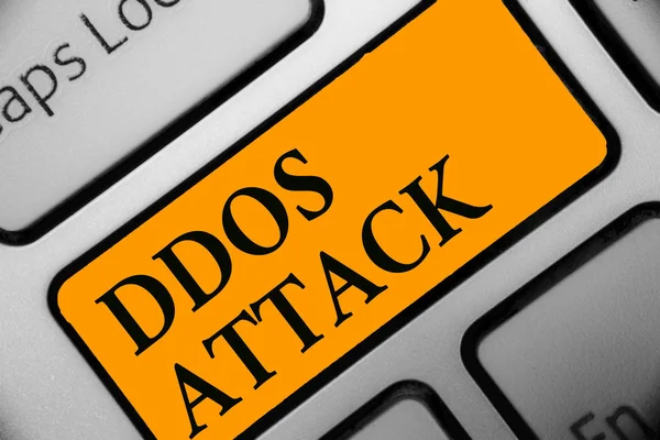 Escribiendo Nota Mostrando Ddos Attack Foto Negocios Mostrando Perpetrador Busca — Foto de Stock