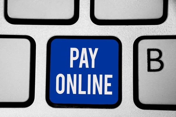 Palavra Escrita Texto Pay Online Conceito Negócio Para Comprar Produtos — Fotografia de Stock