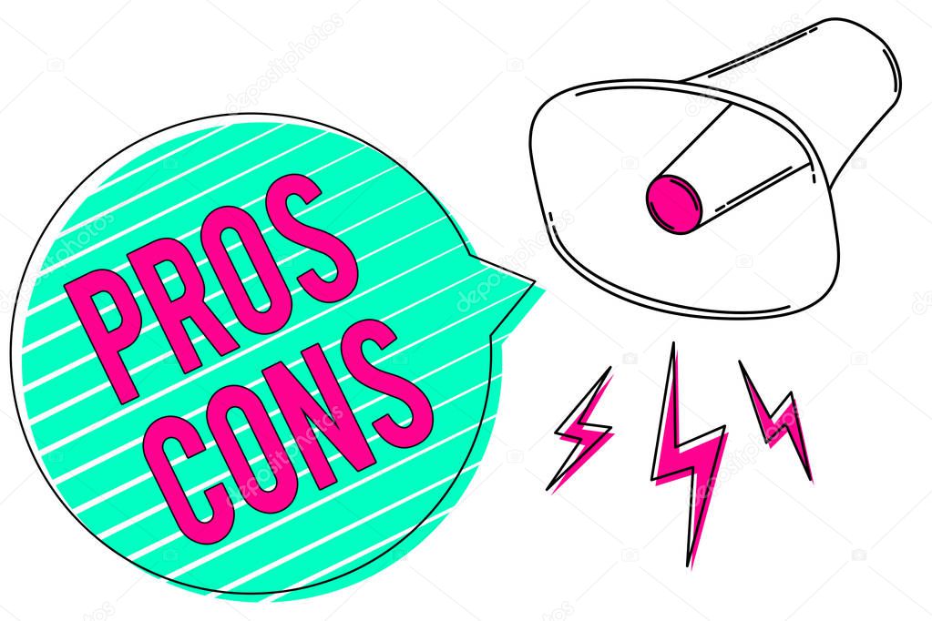 Conceptual hand writing showing Pros Cons. Business photo showcasing The favorable and unfavorable factors or reasons of person Megaphone green speech bubble stripes important loud message