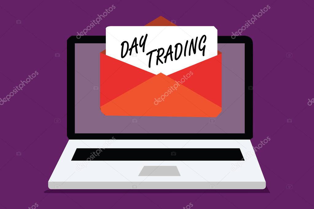 Conceptual hand writing showing Day Trading. Business photo text securities specifically buying and selling financial instruments Computer receiving email important message envelope paper virtual