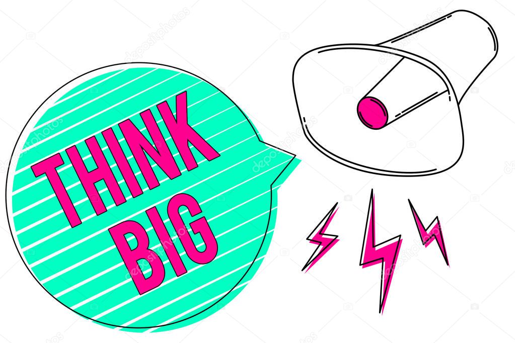 Conceptual hand writing showing Think Big. Business photo showcasing To plan for something high value for ones self or for preparation Megaphone green speech bubble stripes important loud message