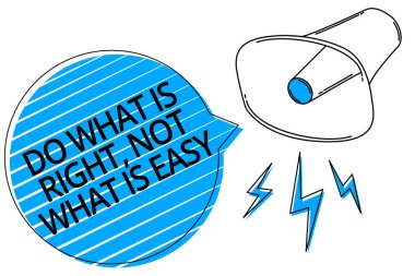 Metin yazma yapmak ne doğru ne olduğunu kolay değil kelime. İş kavramı yapmak doğru eylemler için bütünlük megafon hoparlör mavi konuşma balonu şeritler önemli yüksek sesli mesaj var