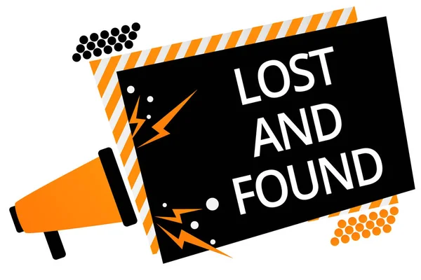 Writing note showing Lost And Found. Business photo showcasing Place where you can find forgotten things Search service Megaphone loudspeaker orange striped frame important message speaking