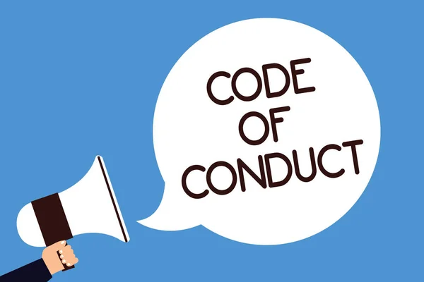 Writing note showing Code Of Conduct. Business photo showcasing Ethics rules moral codes ethical principles values respect Man hold megaphone loudspeaker speech bubble screaming blue background