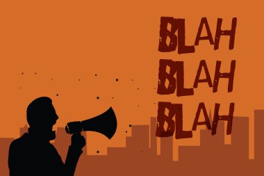 Blah Blah Blah gösterilen Not yazma. Sence sigara konuşan adam elinde megafon konuşan politikacı sözler turuncu arka plan iş fotoğraf çok fazla yanlış bilgi konuşurken vitrine dedikodu