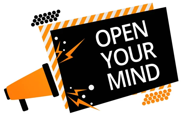 Writing note showing Open Your Mind. Business photo showcasing Be open-minded Accept new different things ideas situations Megaphone loudspeaker orange striped frame important message speaking