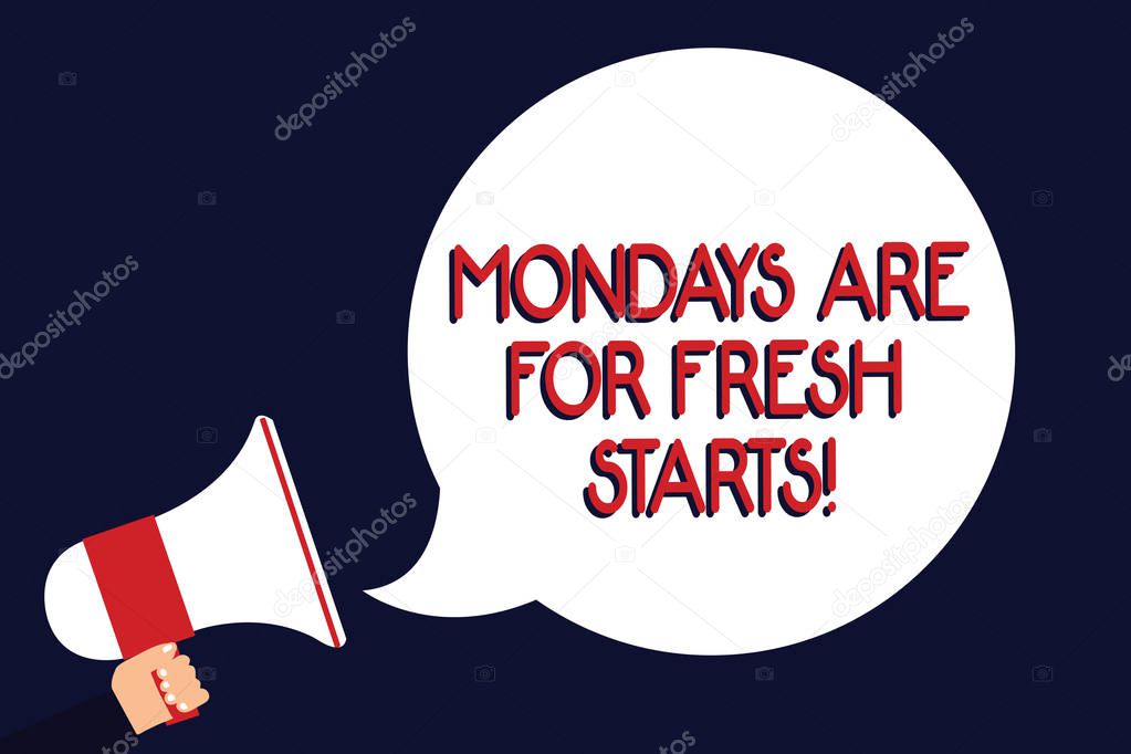 Writing note showing Mondays Are For Fresh Starts. Business photo showcasing Begin again every week have a good morning Man holding megaphone loudspeaker speech bubble black background