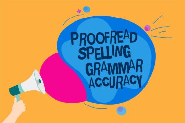 Word writing text Proofread Spelling Grammar Accuracy. Business concept for Grammatically correct Avoid mistakes Man holding Megaphone loudspeaker screaming talk colorful speech bubble clipart