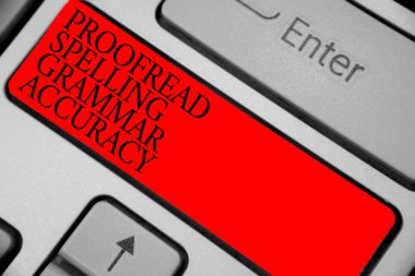Text sign showing Proofread Spelling Grammar Accuracy. Conceptual photo Grammatically correct Avoid mistakes Keyboard red key Intention create computer computing reflection document clipart