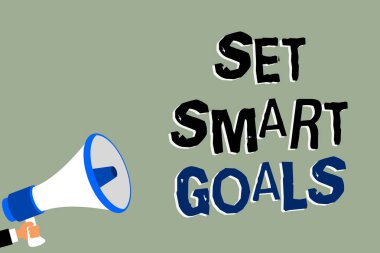 Set akıllı gol gösterilen Not yazma. Megafon hoparlör yeşil renkli mesaj konuşan tutan adam iş fotoğraf vitrine ağımdaki ulaşılabilir hedefleri yapmak iyi iş planları