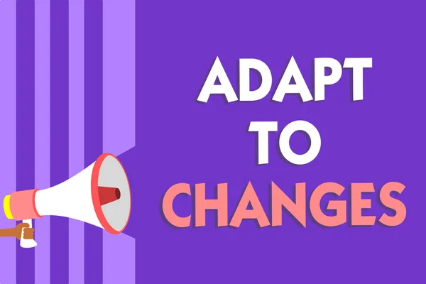 Conceptual hand writing showing Adapt To Changes. Business photo text Embrace new opportunities Growth Adaptation progress Megaphone loudspeaker purple stripes important message speaking