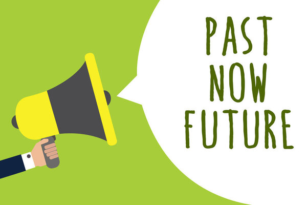 Conceptual hand writing showing Past Now Future. Business photo showcasing Last time Present Following actions Destiny Memories Man holding loudspeaker speech bubble message speaking loud