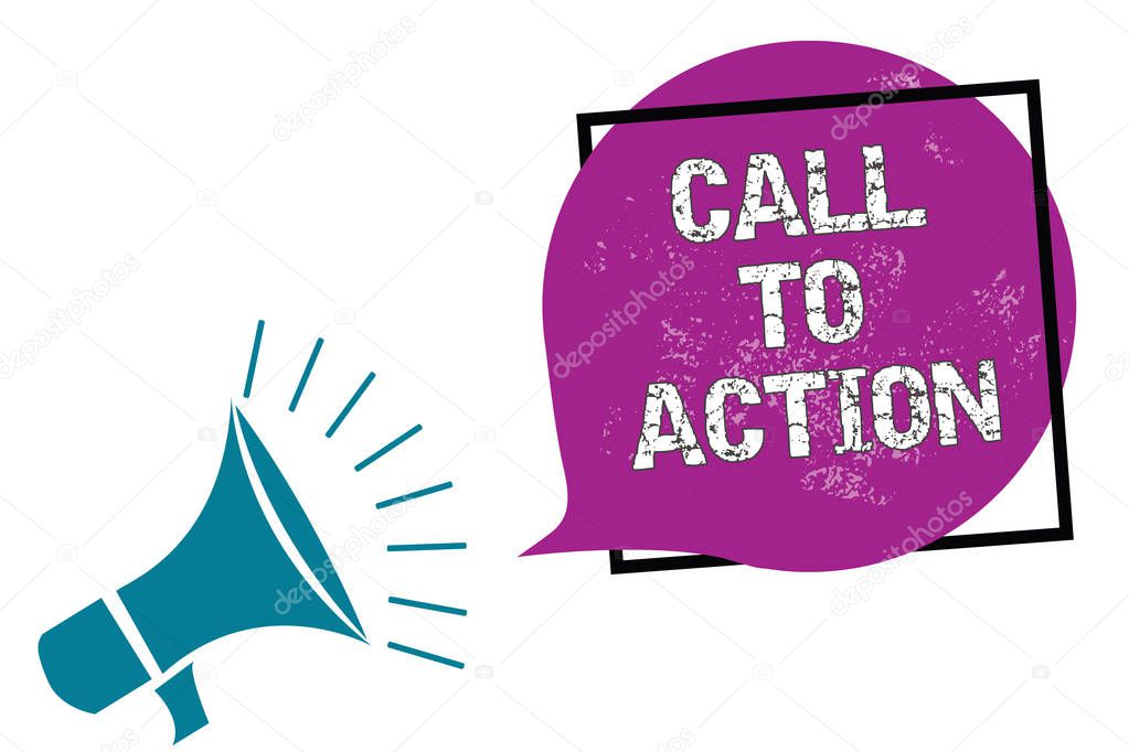 Conceptual hand writing showing Call To Action. Business photo showcasing Encourage Decision Move to advance Successful strategy Megaphone speaking loud screaming frame purple speech bubble