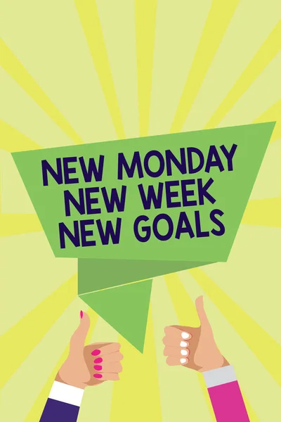 Handwriting text New Monday New Week New Goals. Concept meaning Be positive every start of the week Man woman hands thumbs up approval speech bubble origami rays background