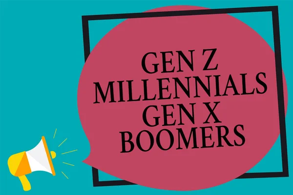 Handwriting text writing Gen Z Millennials Gen X Boomers. Concept meaning Generational differences Old Young people Megaphone loudspeaker screaming turquoise background frame speech bubble