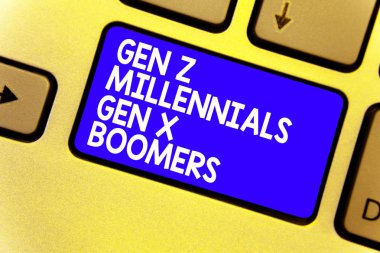 Metin Gen Z Millennials Gen X Boomers yazılı kelime. Kuşak farklılıklar eski genç insanlar klavye mavi anahtar niyet için iş kavramı oluşturmak yansıma belge bilgisayar