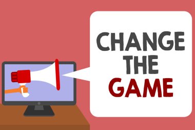 Değişim oyunu gösterilen Not yazma. İş fotoğraf vitrine farklı yeni stratejiler adam bir şey bir hareket yapmak megafon hoparlör bilgisayar ekranı tutarak konuşmak konuşma balonu