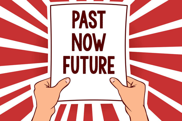 Handwriting text writing Past Now Future. Concept meaning Last time Present Following actions Destiny Memories Man holding paper important message remarkable red rays enlighten ideas
