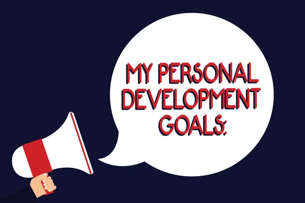 Writing note showing My Personal Development Goals. Business photo showcasing Desires Wishes Career Business planning Man holding megaphone loudspeaker speech bubble black background