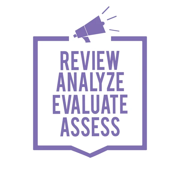 Handwriting text writing Review Analyze Evaluate Assess. Concept meaning Evaluation of performance feedback process Megaphone loudspeaker purple frame communicating important information