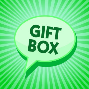 Hediye kutusu gösterilen metin işareti. Kavramsal fotoğraf A küçük cointainer tasarımları sunar taşıma kapasitesine sahip yeşil konuşma balonu mesaj uyarı mektubu ışınları önemli niyeti söyleyerek gölge ile