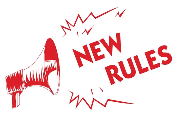 Handwriting text New Rules. Concept meaning A state of changing an iplemented policy for better upgrade Red megaphone loudspeaker important messages screaming speaking loud