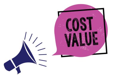 El yazısı metin Maliyet değeri. Tutarı için bir öğe satın ödenen veya yüksek sesle çığlık çerçeve mor konuşma balonu konuşan bir kişi megafon hoparlör işe o genellikle anlam kavramı