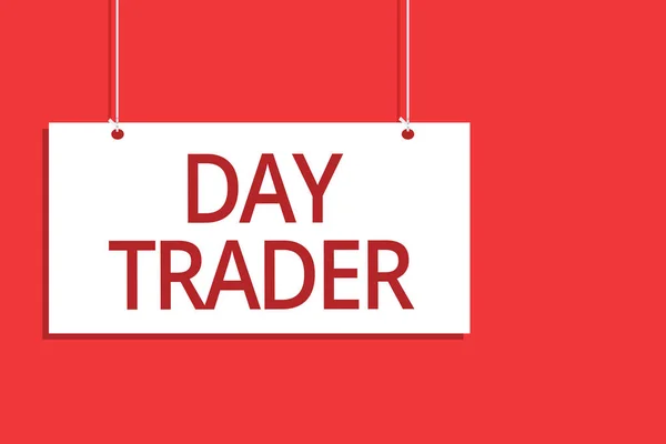 Word writing text Day Trader. Business concept for A person that buy and sell financial instrument within the day Hanging board message communication open close sign orange background