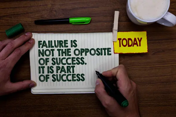Word writing text Failure Is Not The Opposite Of Success. It Is Part Of Success. Business concept for Make Progress Man holding marker notebook clothespin reminder wooden table cup coffee