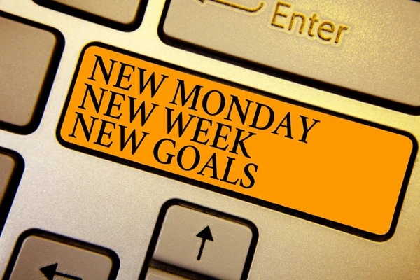 Text sign showing New Monday New Week New Goals. Conceptual photo Be positive every start of the week Keyboard orange key Intention create computer computing reflection document